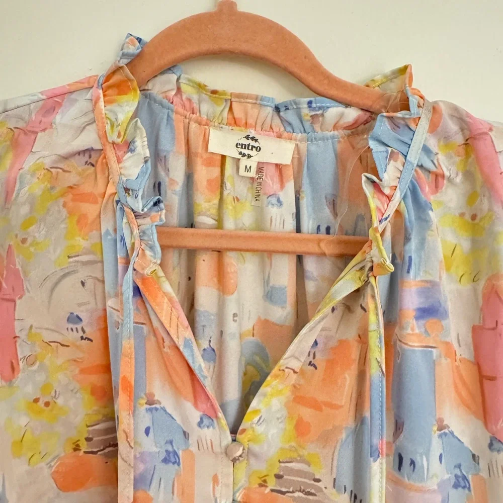 Entro NWOT Pastel Santorini Print Tiered Mini Dress Ruffle Sleeves Babydoll Med - Picture 7 of 8